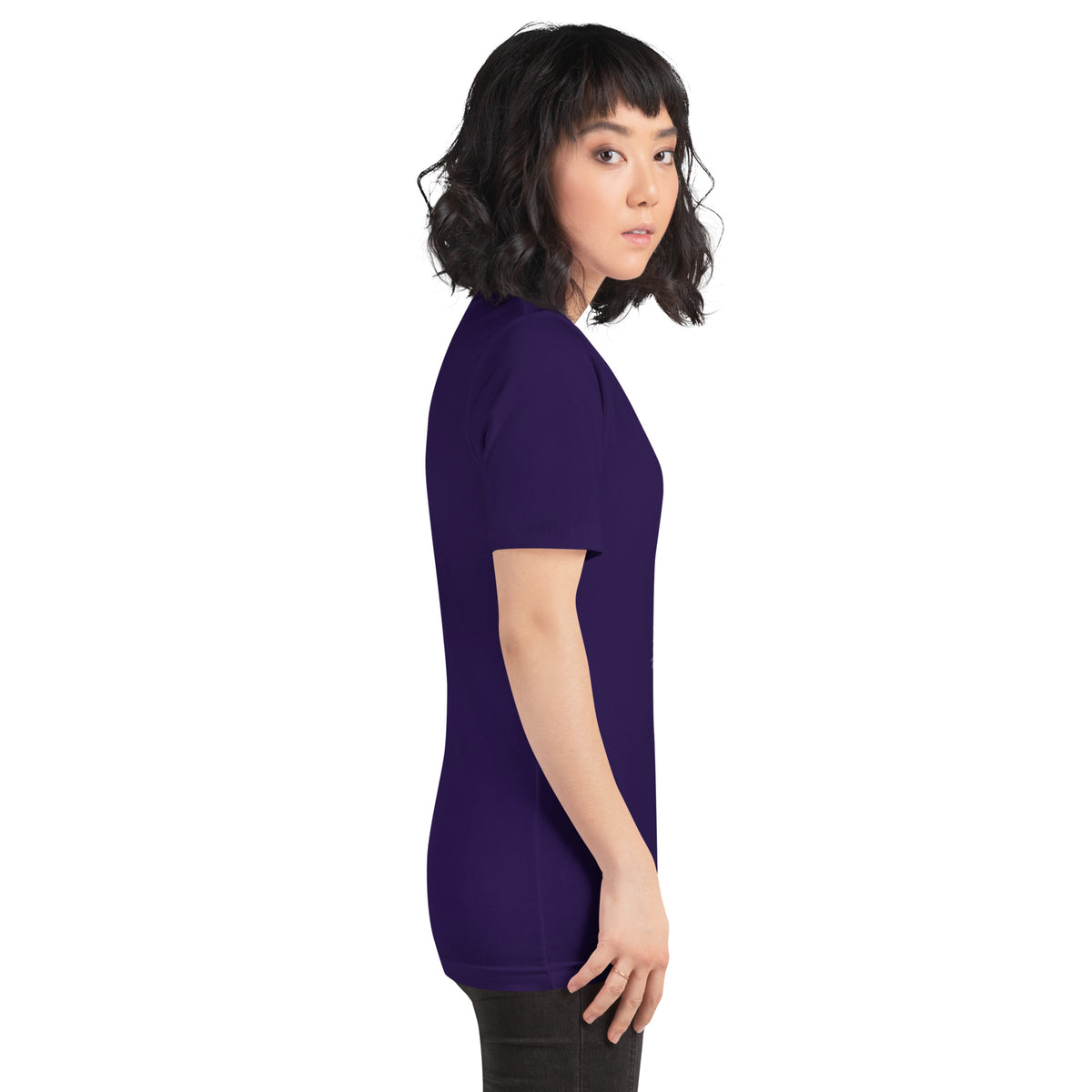 Chaos Coordinator whimsigoth design, a witchy black cat in a pointed hat, on a team purple unisex t-shirt, right side view