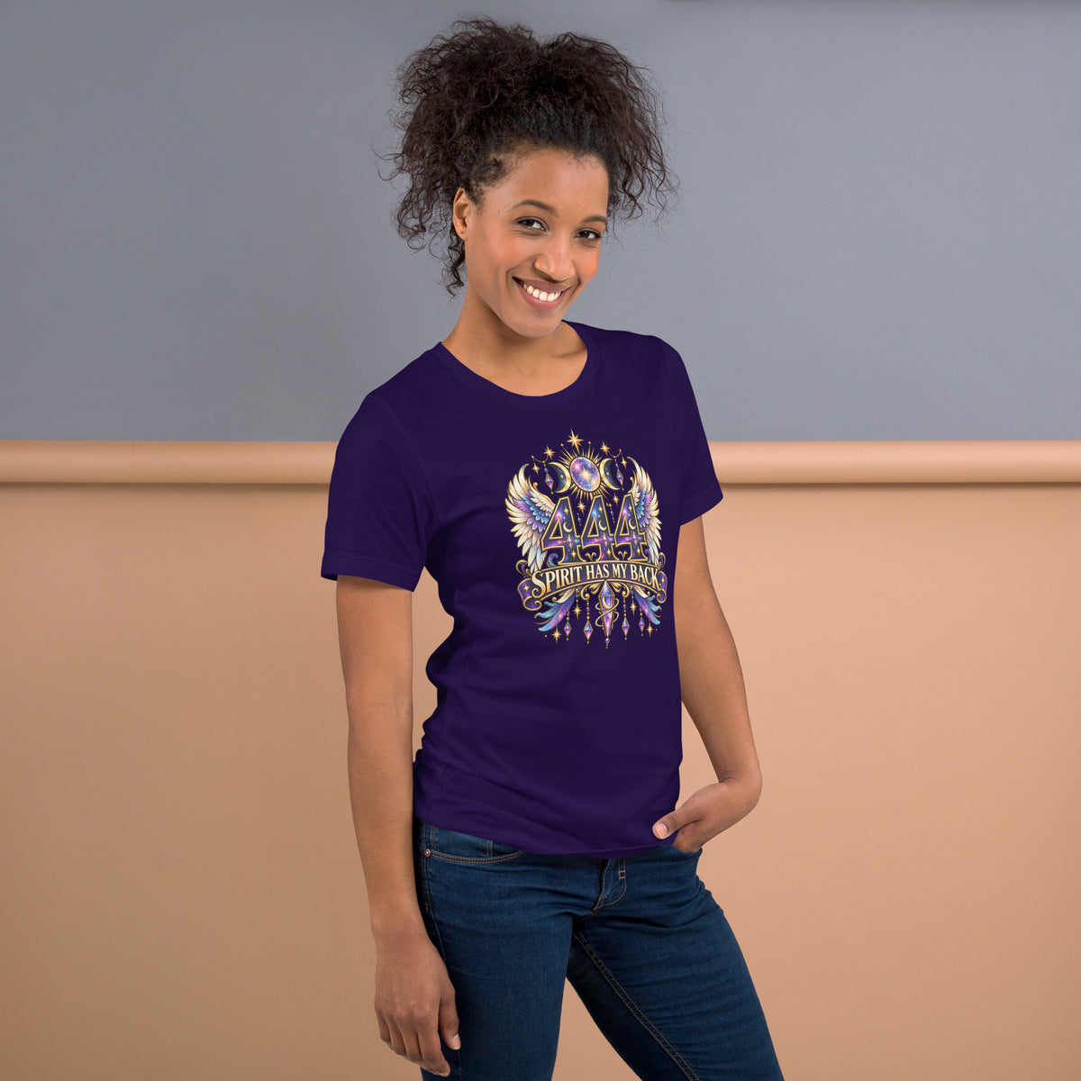444 Spirit Has My Back angel number design, angel wings flanking the number beneath a galaxy orb and crescent moons, on a team purple unisex t-shirt, right side view