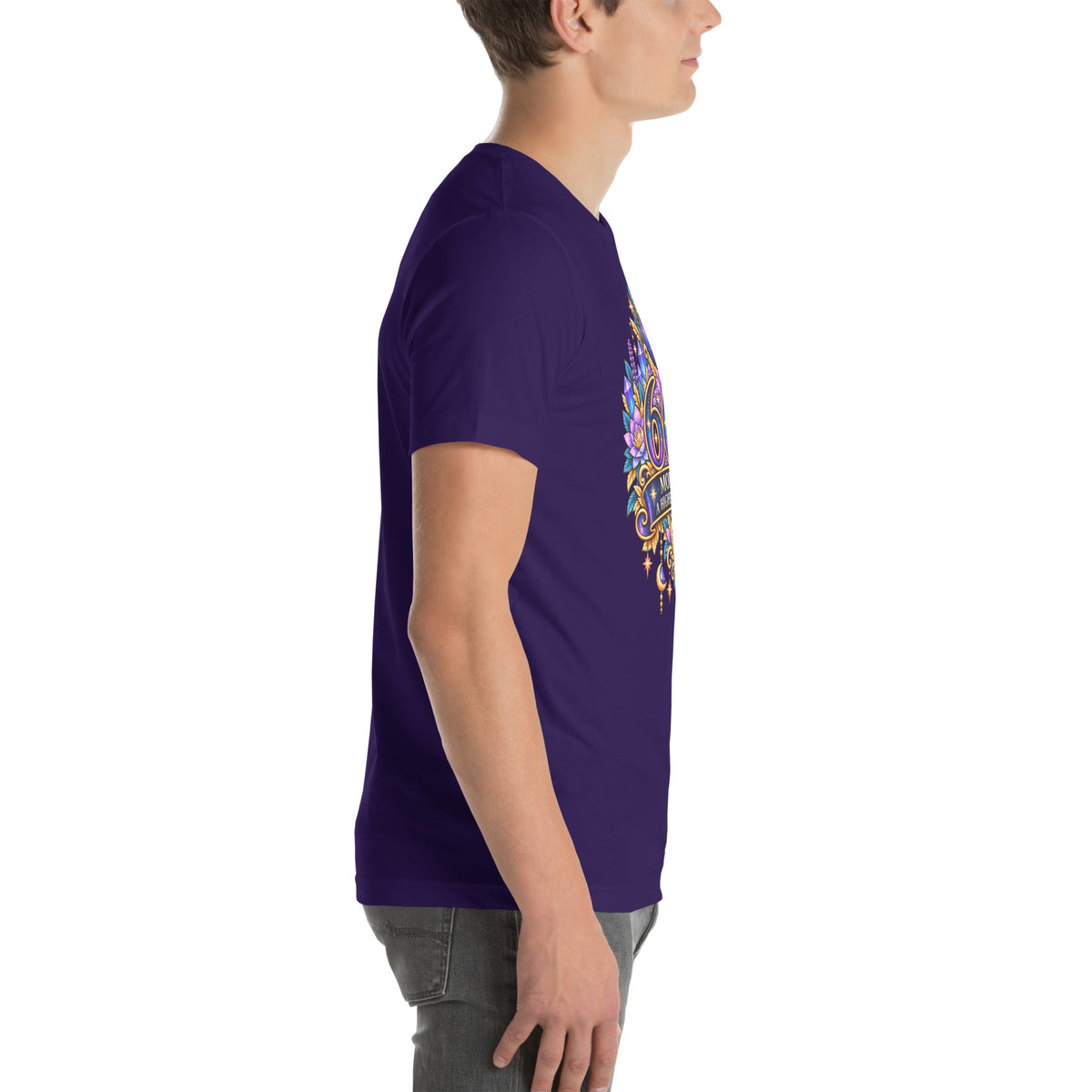 666 More Love angel number design, a crescent moon over a starry orb, with purple lotus flowers and blue crystals, on a team purple unisex t-shirt, right side view