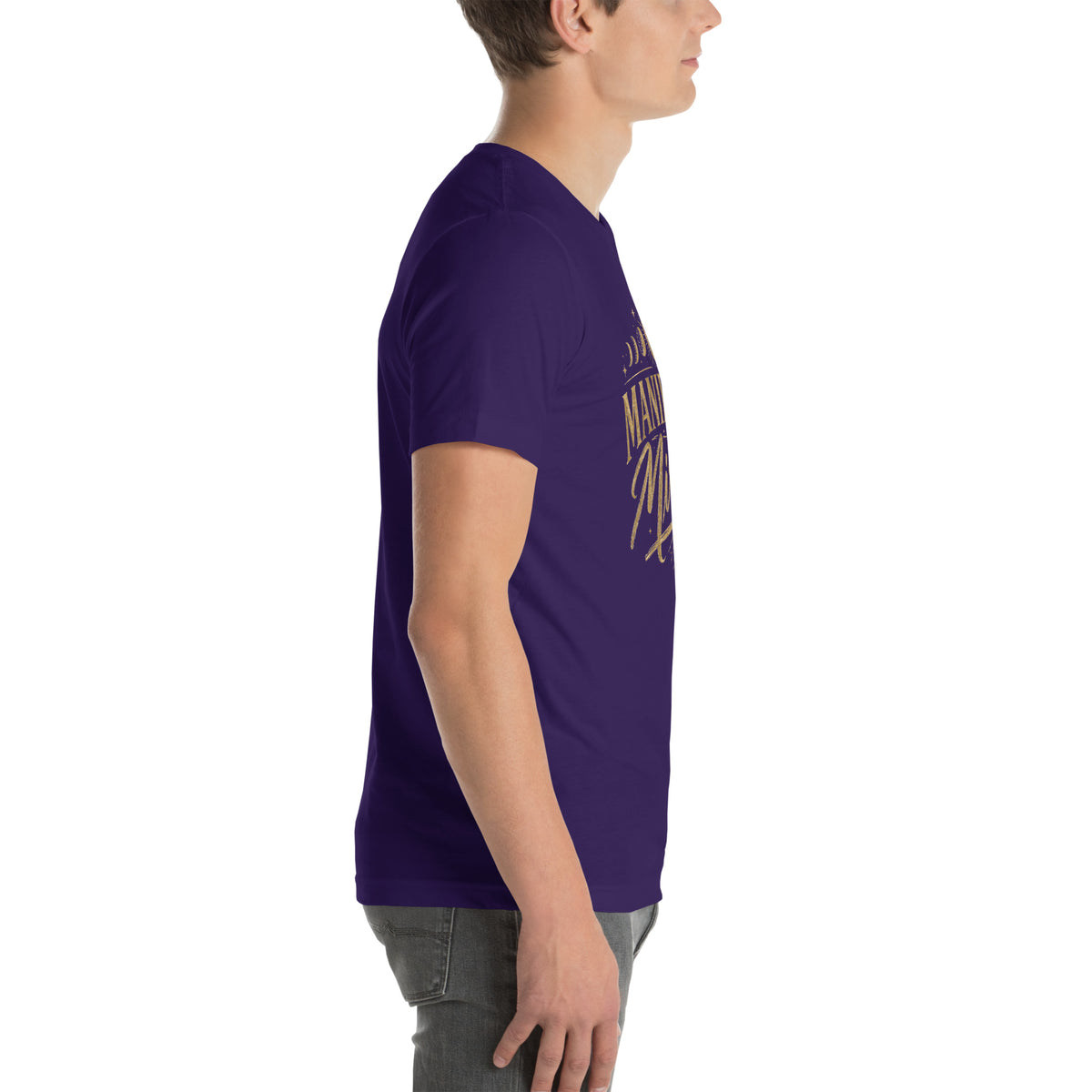 Manifesting Miracles design with moon phases in antique gold, on a team purple unisex t-shirt, right side view