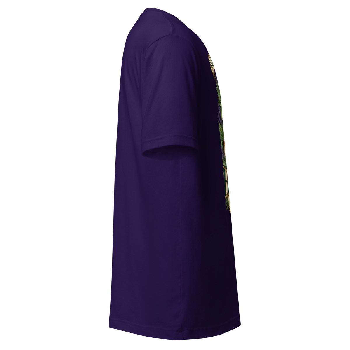 A Little Herbal Magic unisex t-shirt in team purple, right side, showing the sleeve and shoulder taping.