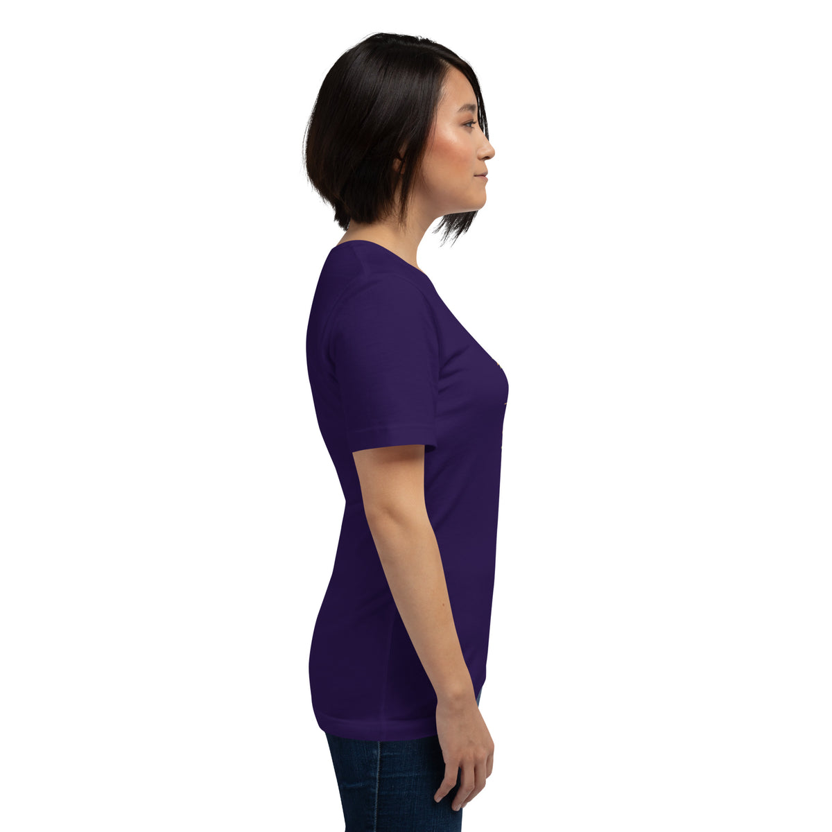 Grounded unisex t-shirt in team purple, right side, showing the sleeve and drape.