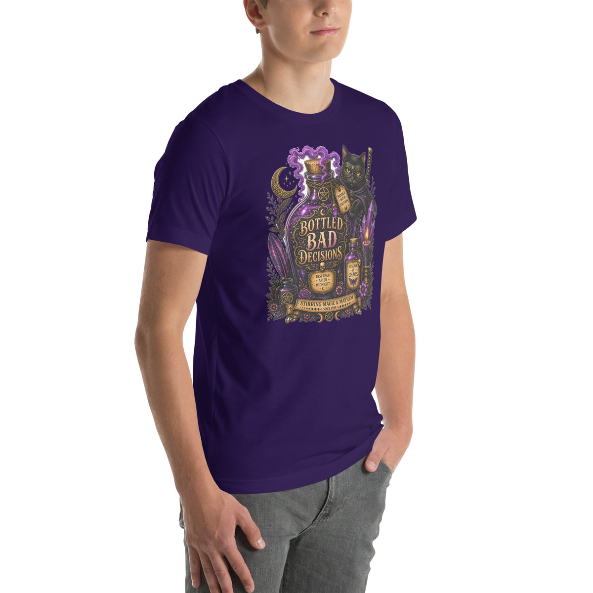 Bottled Bad Decisions whimsigoth design, a black cat and a glowing potion bottle, on a team purple unisex t-shirt, right front view