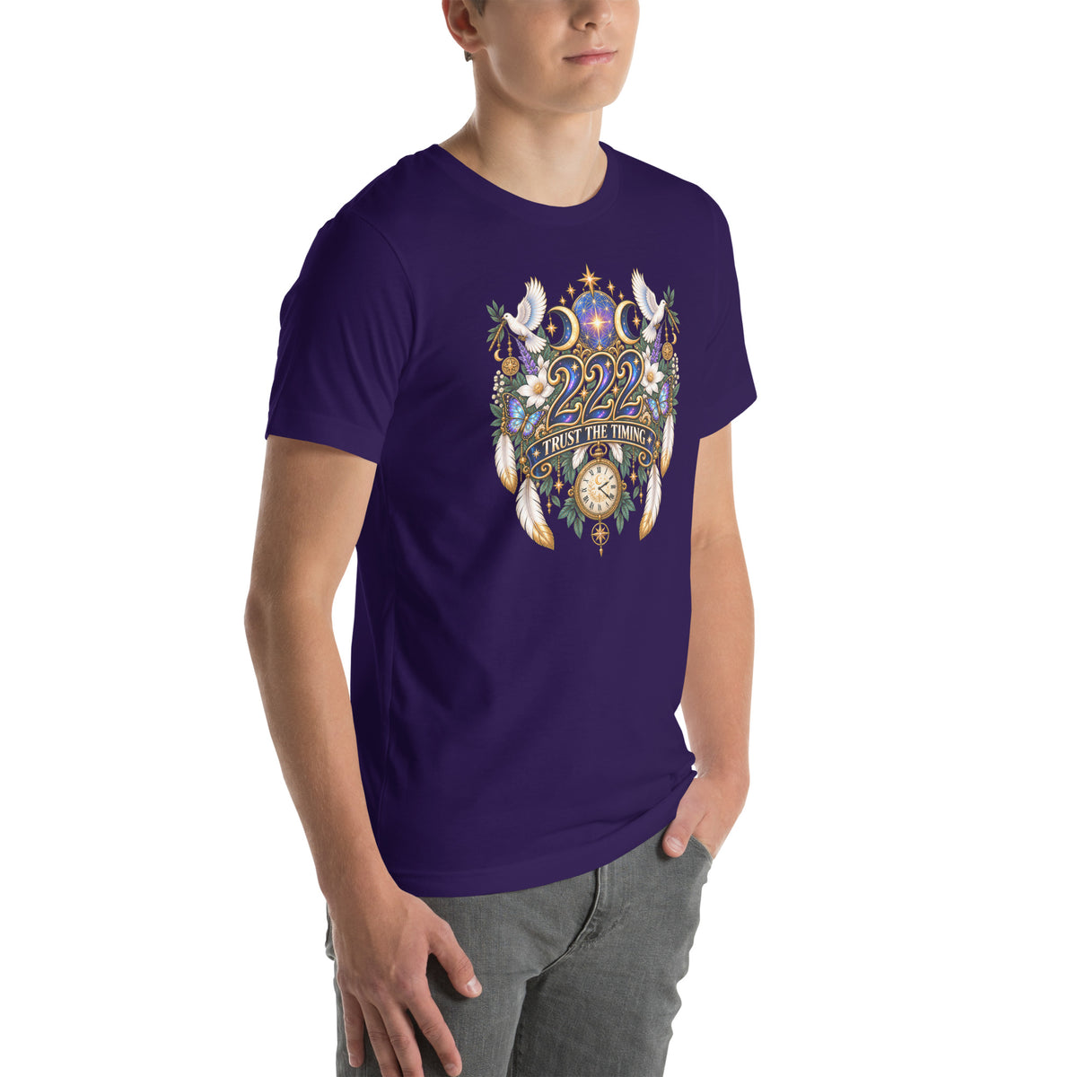 222 Trust The Timing angel number design, two white doves with olive branches, a gold pocket watch and white feathers, on a team purple unisex t-shirt, right front view