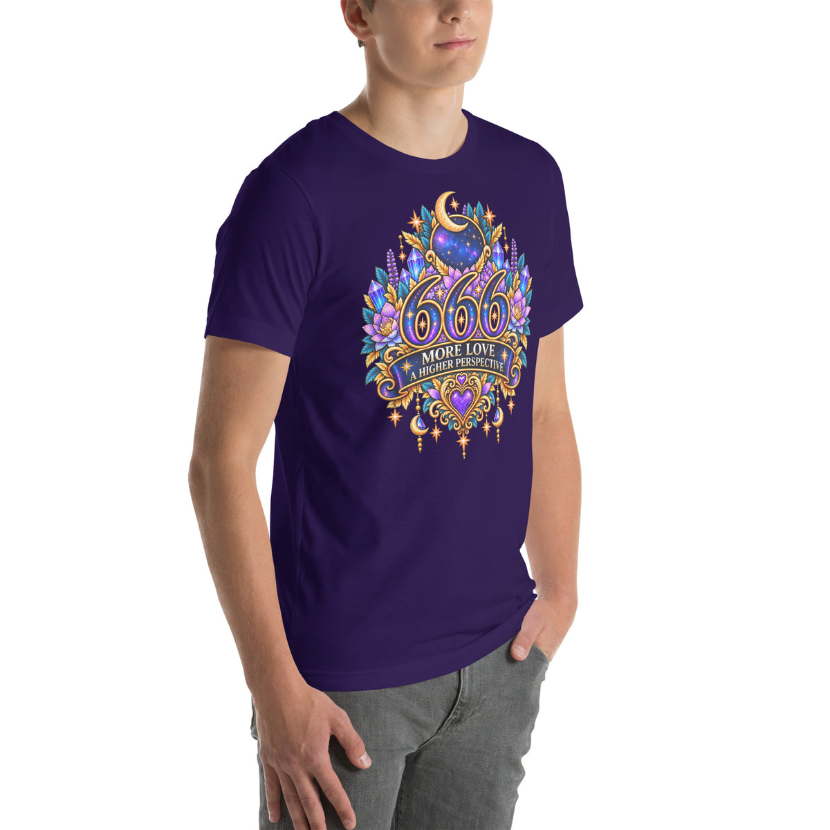 666 More Love angel number design, a crescent moon over a starry orb, with purple lotus flowers and blue crystals, on a team purple unisex t-shirt, right front view