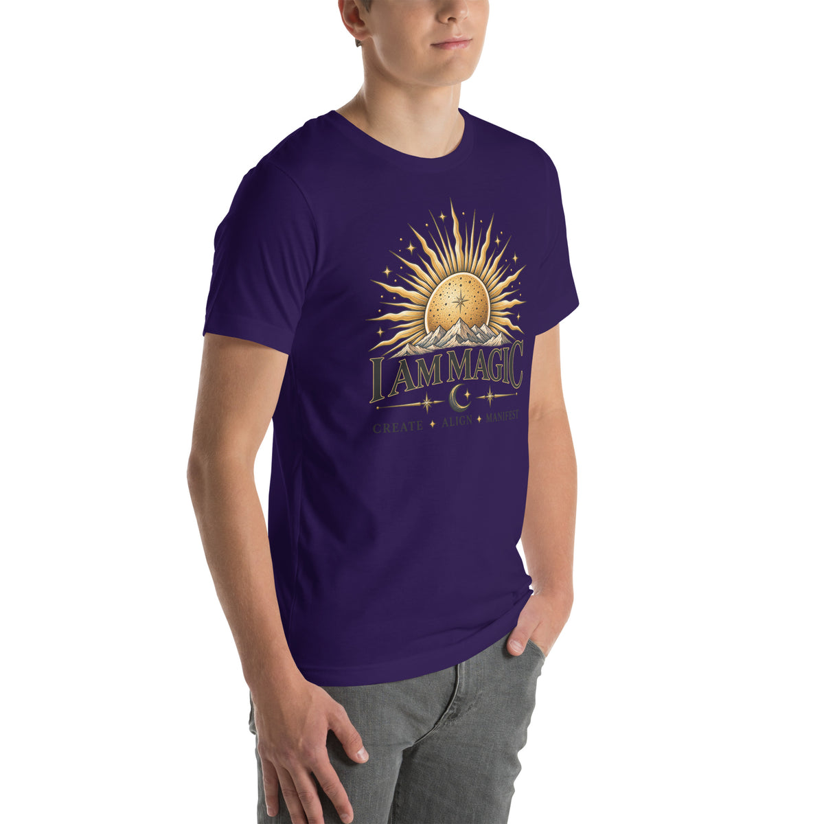 I Am Magic design with a gold sun face, Be Magical collection, on a team purple unisex t-shirt, angled right front view