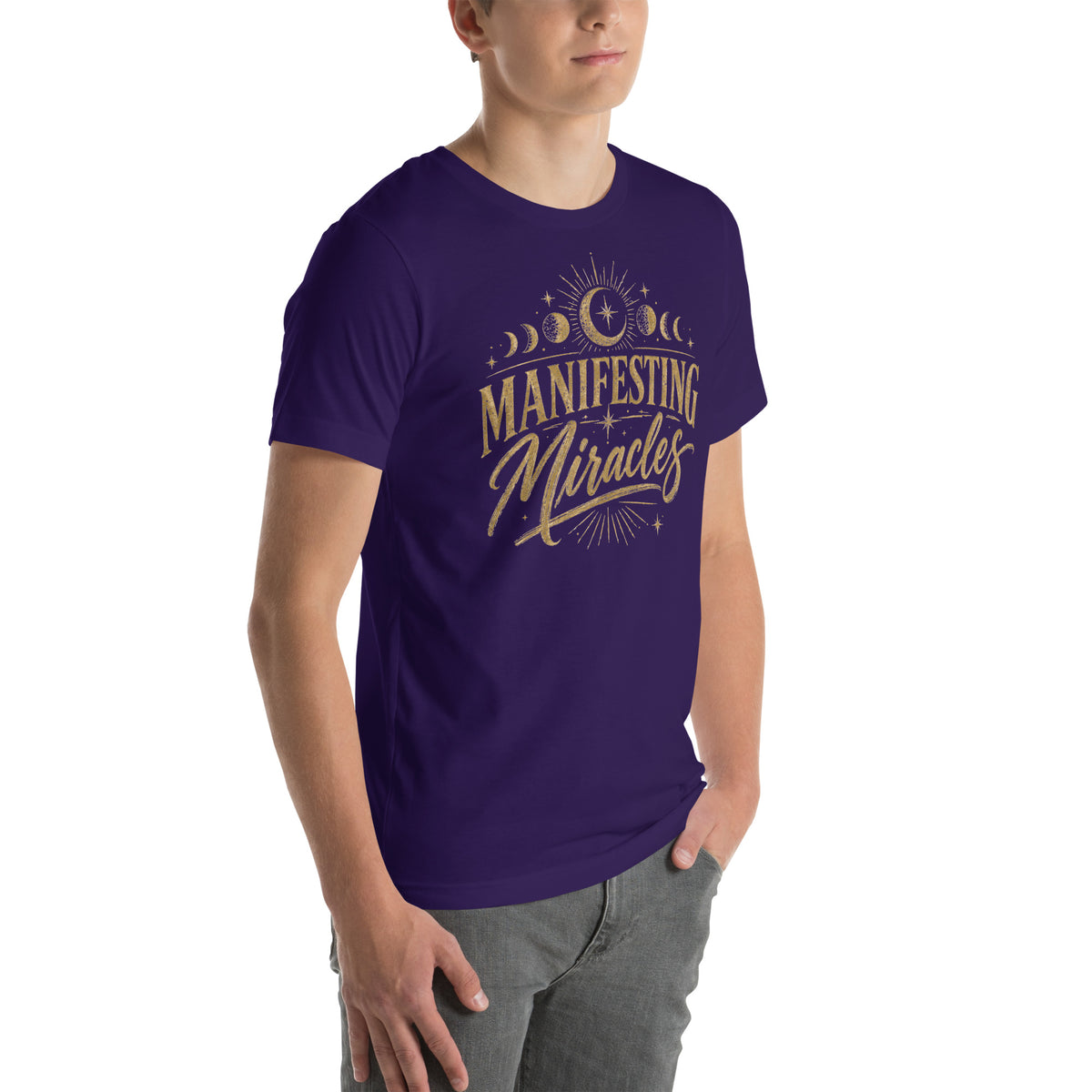 Manifesting Miracles design with moon phases in antique gold, on a team purple unisex t-shirt, angled right front view