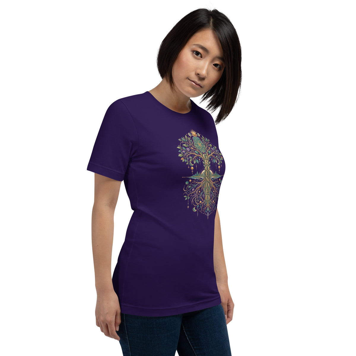 Grounded unisex t-shirt in team purple, worn and turned to the right, showing the design at an angle.