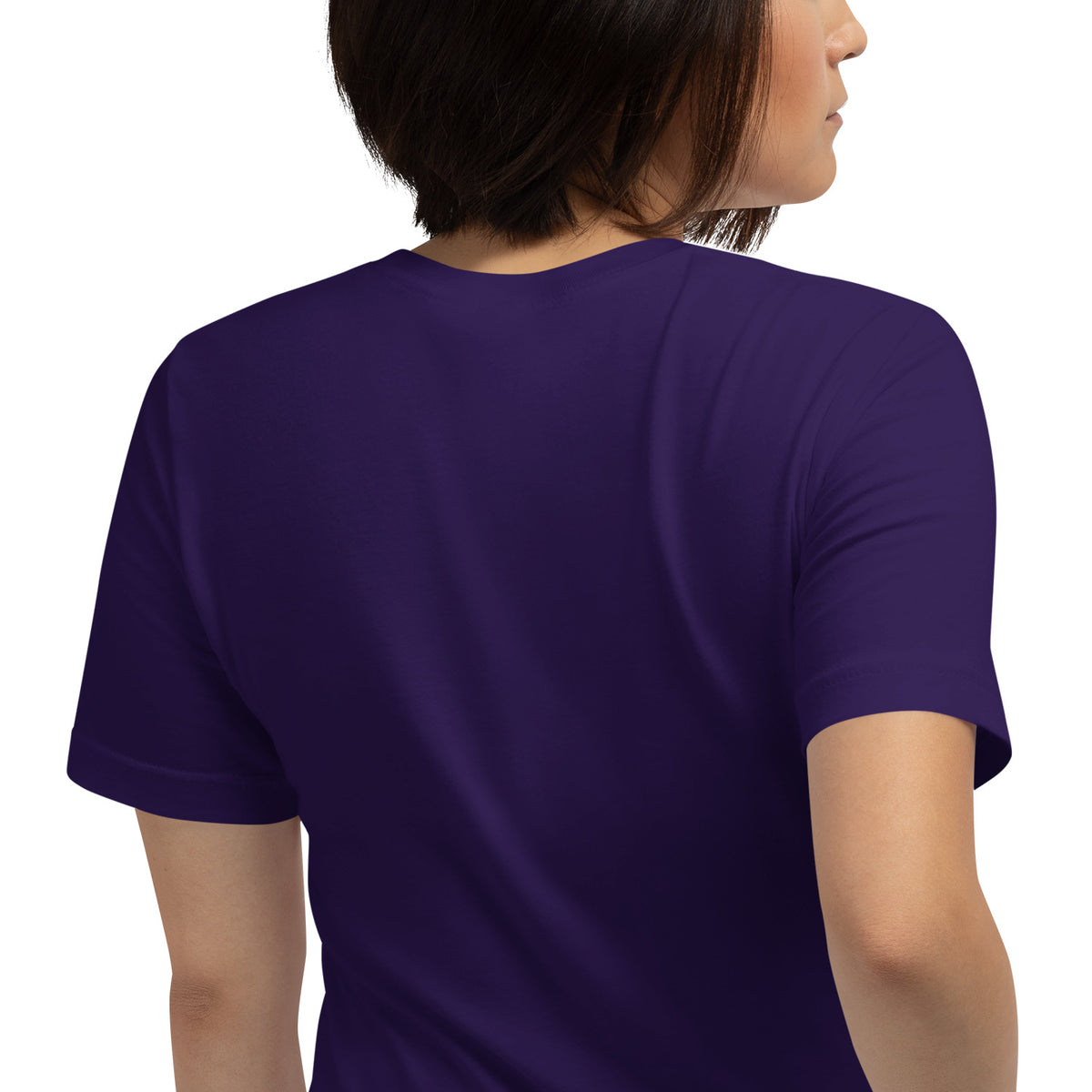Grounded unisex t-shirt in team purple, close up on the print, showing the fine linework of the tree and roots.