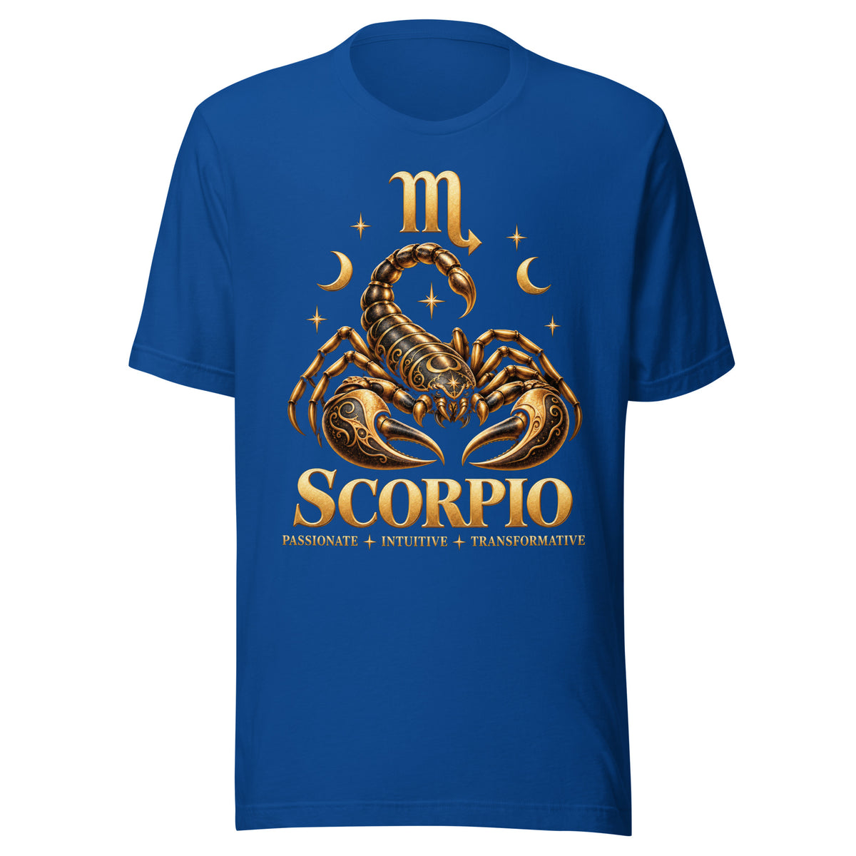 Scorpio zodiac t-shirt in true royal, front: a golden scorpion in a night sky of gold stars with the Scorpio glyph