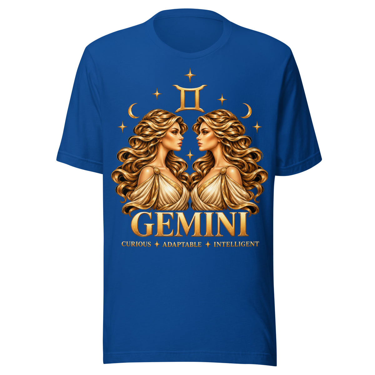Gemini zodiac t-shirt in true royal, front: golden twins face to face in a night sky of gold stars