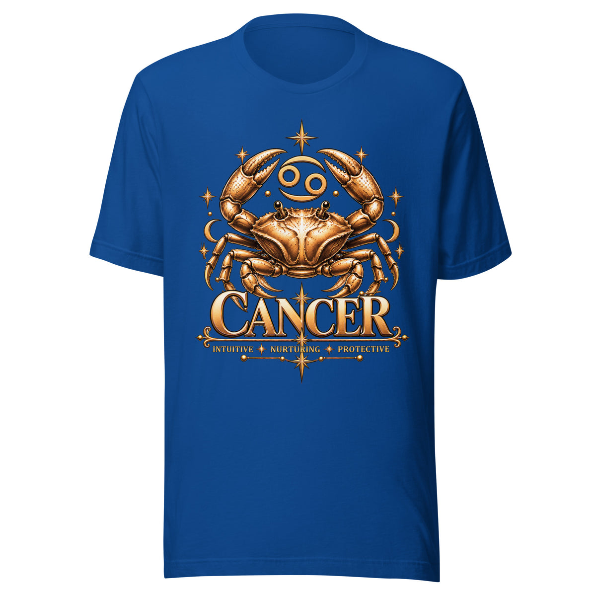 Cancer zodiac t-shirt in true royal, front: a golden crab with claws raised in a night sky of gold stars