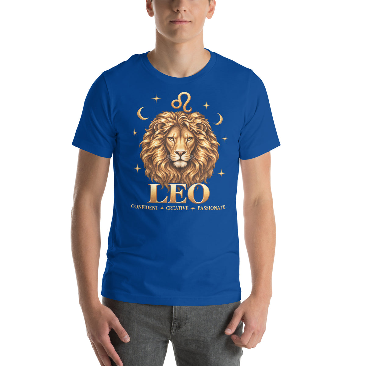 Leo zodiac t-shirt in true royal, front: a golden lion with a full flowing mane in a night sky of gold stars