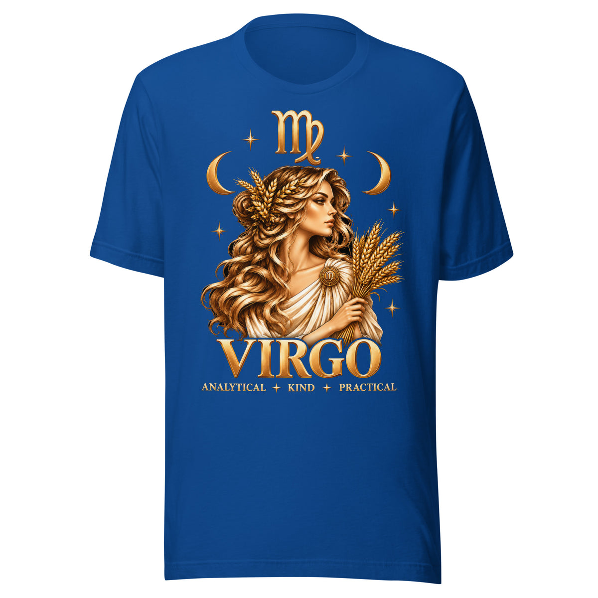 Virgo zodiac t-shirt in true royal, front: a golden maiden holding a sheaf of wheat in a night sky of gold stars