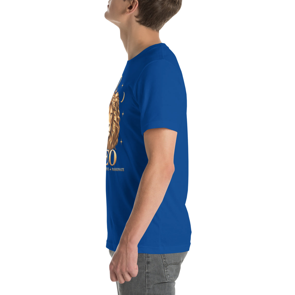 Leo zodiac t-shirt in true royal, left side view