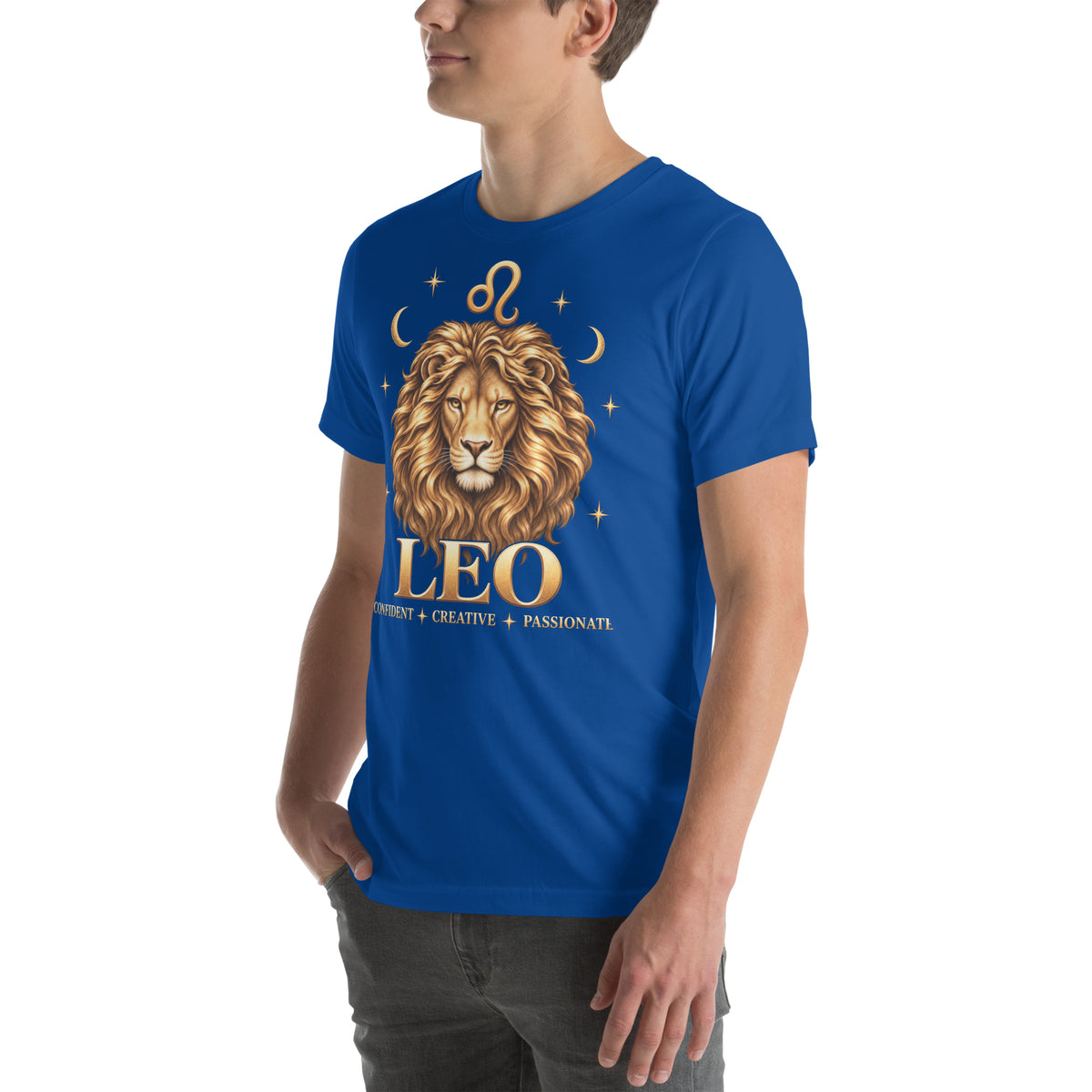Leo zodiac t-shirt in true royal, front view angled left