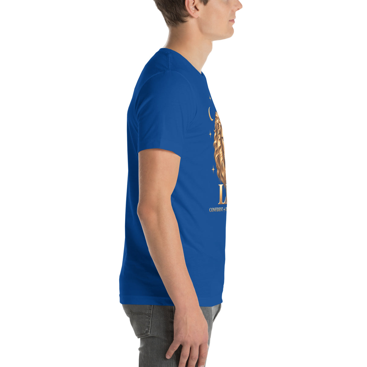 Leo zodiac t-shirt in true royal, right side view