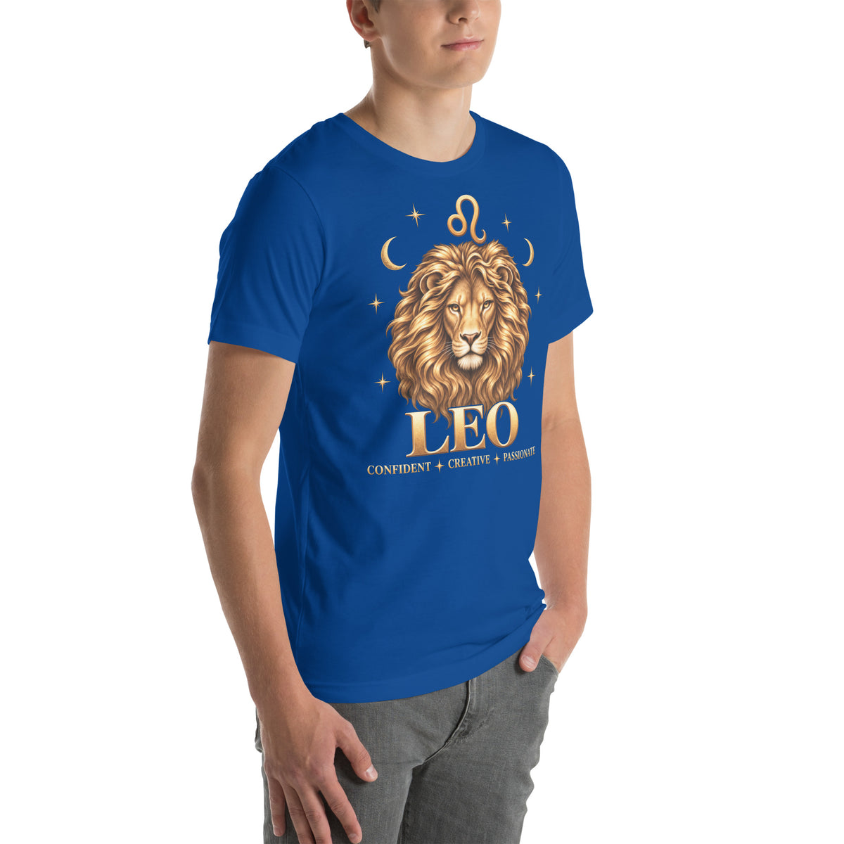Leo zodiac t-shirt in true royal, front view angled right