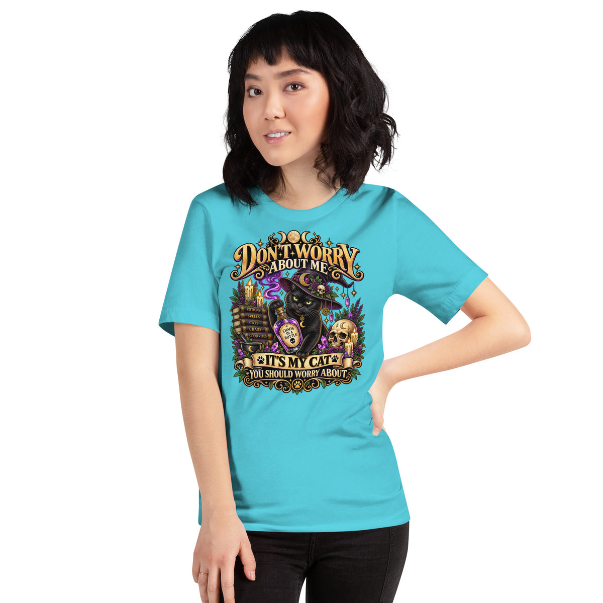 It's My Cat You Should Worry About black cat design on a Turquoise unisex t-shirt, front view