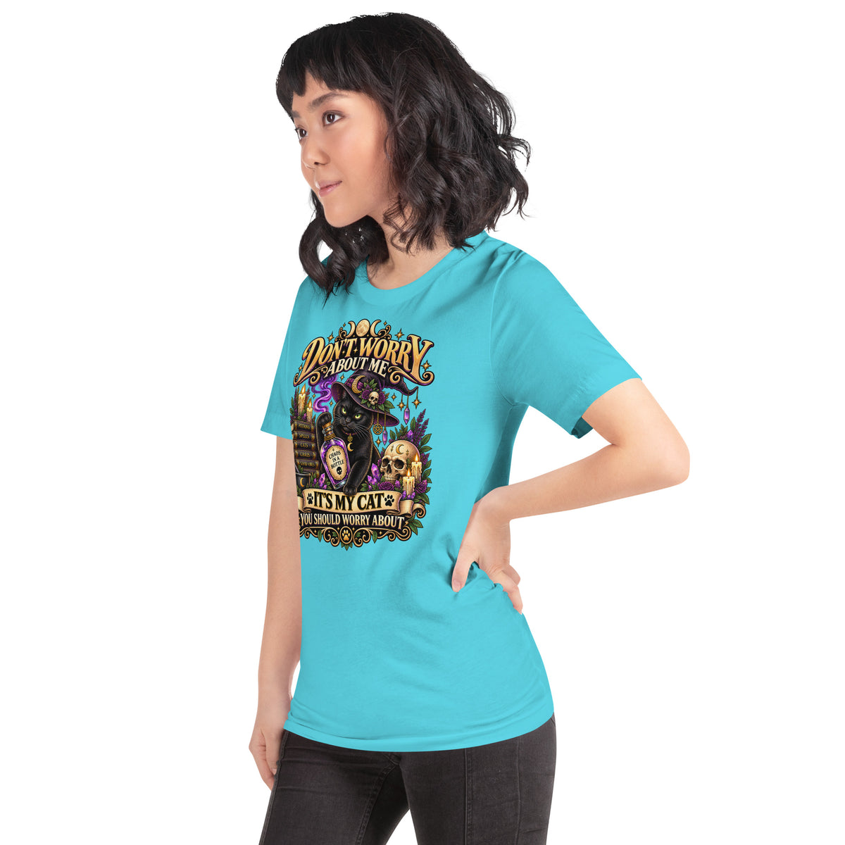 Model wearing a Turquoise It's My Cat You Should Worry About t-shirt, left side view