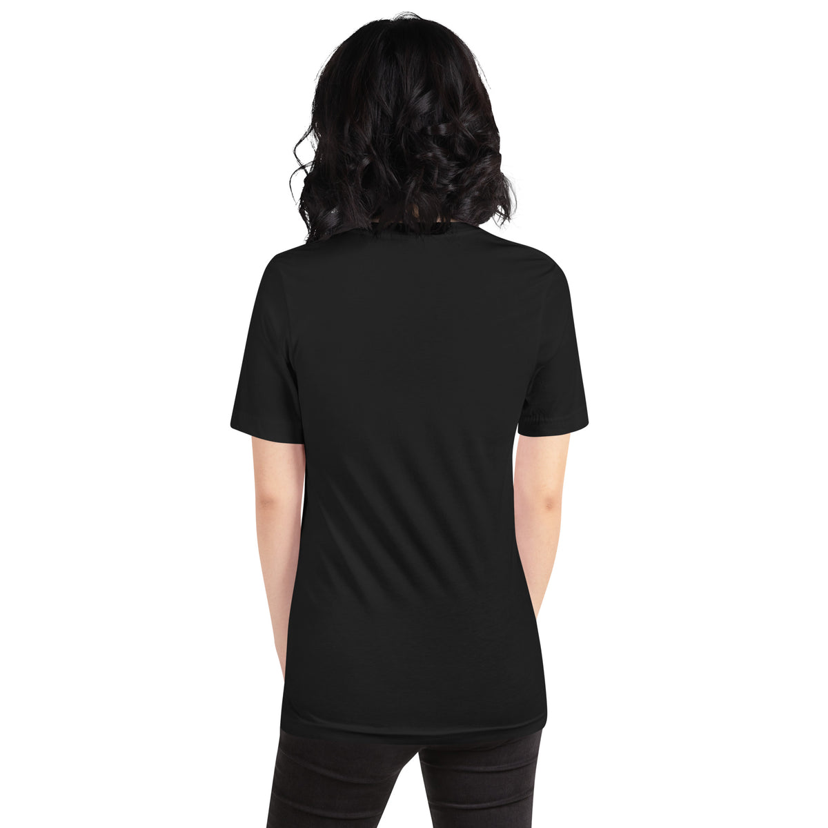 Chaos Coordinator whimsigoth design, a witchy black cat in a pointed hat, on a vintage black unisex t-shirt, back view