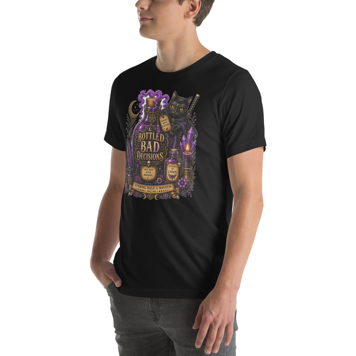 Bottled Bad Decisions whimsigoth design, a black cat and a glowing potion bottle, on a vintage black unisex t-shirt, left front view
