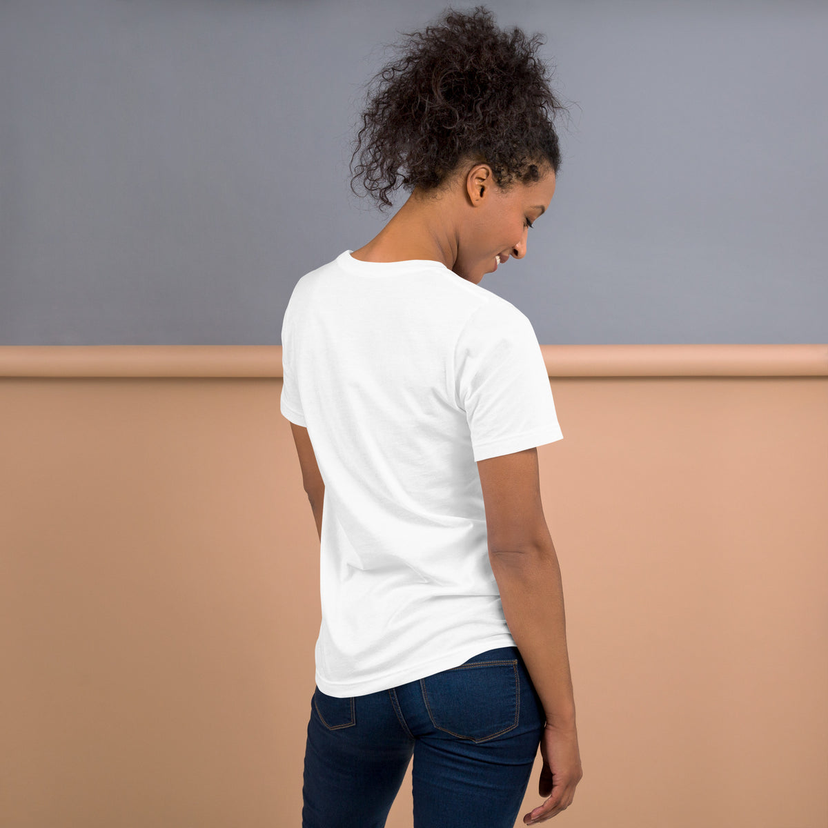 444 Spirit Has My Back angel number design, angel wings flanking the number beneath a galaxy orb and crescent moons, on a white unisex t-shirt, back view