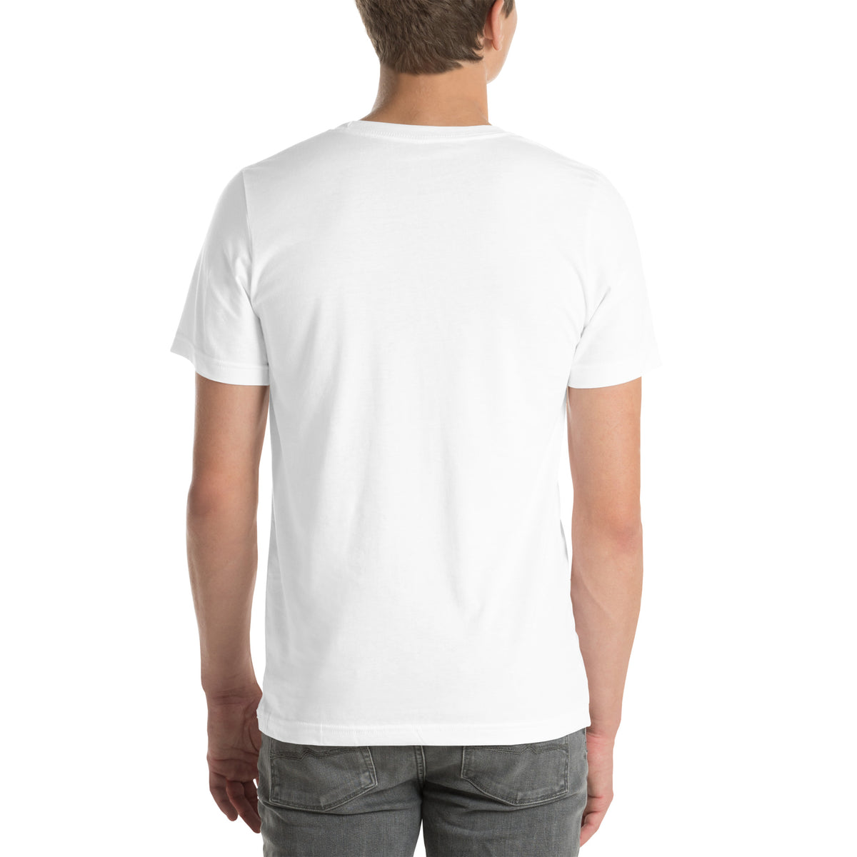 222 Trust The Timing angel number design, two white doves with olive branches, a gold pocket watch and white feathers, on a white unisex t-shirt, back view