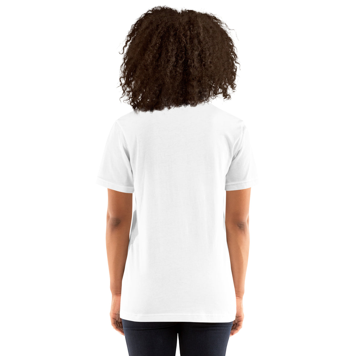 I Am Beautiful affirmation design with roses, butterflies and twin crescents in gold, on a white unisex t-shirt, back view