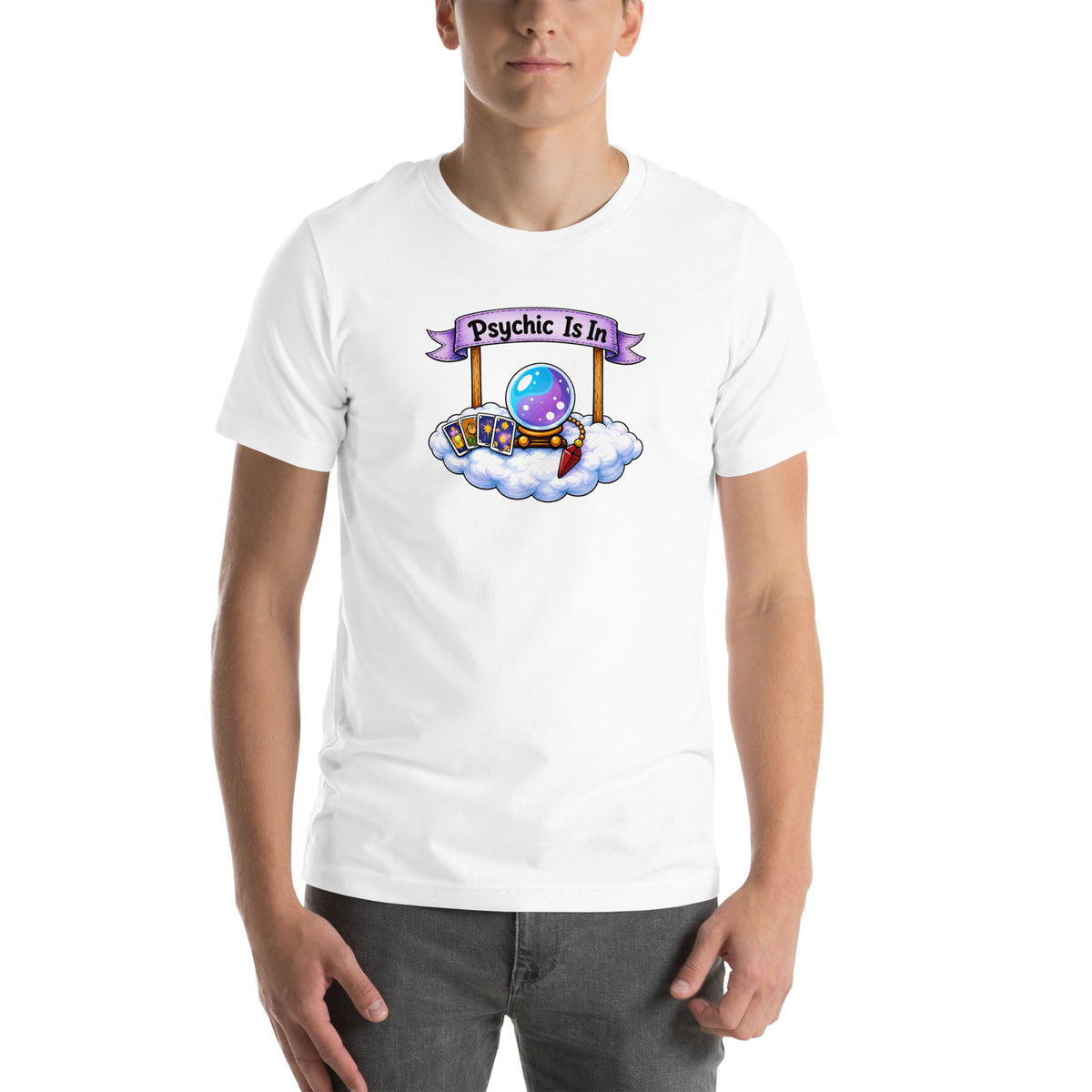 Psychic Is In design, playful floating clouds beneath a banner that reads Psychic Is Open for Business, on a white unisex t-shirt, front view