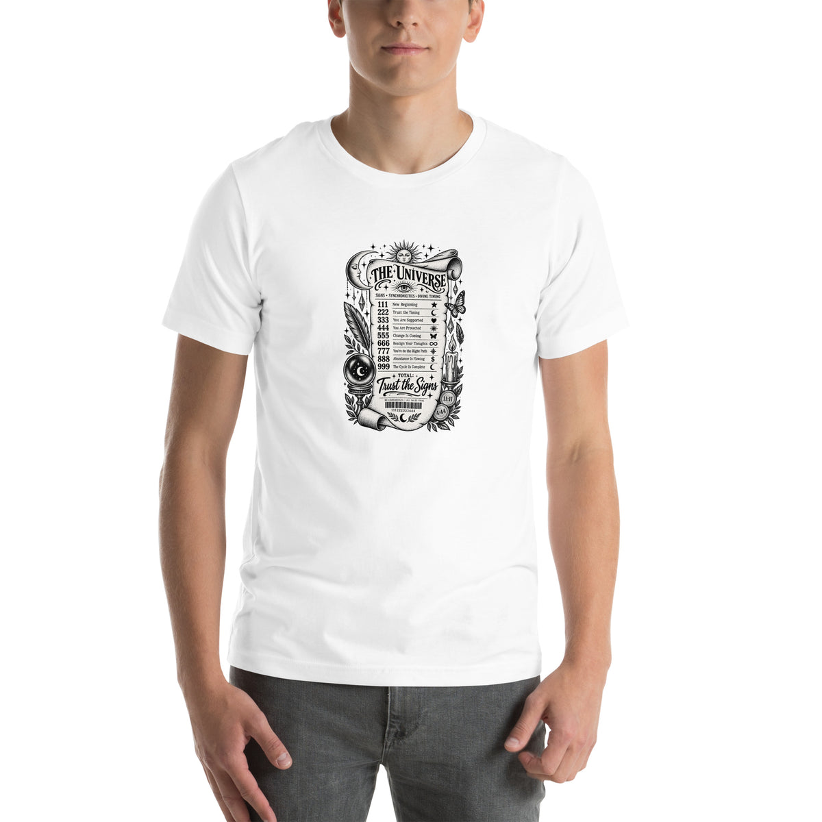 Trust the Signs design, a receipt from the Universe listing the angel numbers and their meanings, with a crystal ball and a candle, on a white unisex t-shirt, front view