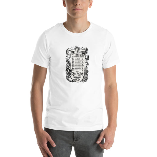 Trust the Signs design, a receipt from the Universe listing the angel numbers and their meanings, with a crystal ball and a candle, on a white unisex t-shirt, front view