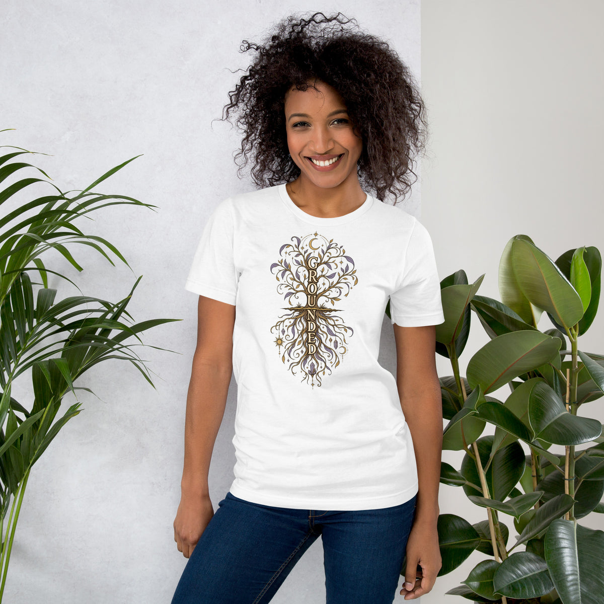 Own Your Grounded Energy design, an ornate tree with gold leaves and crystals in its roots, on a white unisex t-shirt, front view