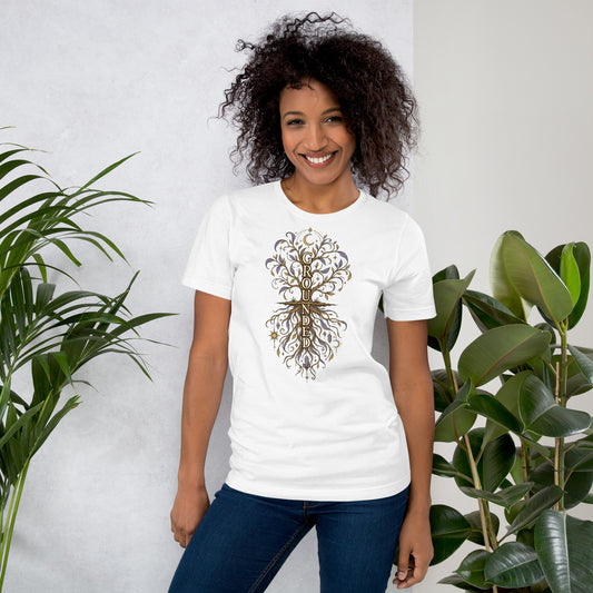 Own Your Grounded Energy design, an ornate tree with gold leaves and crystals in its roots, on a white unisex t-shirt, front view