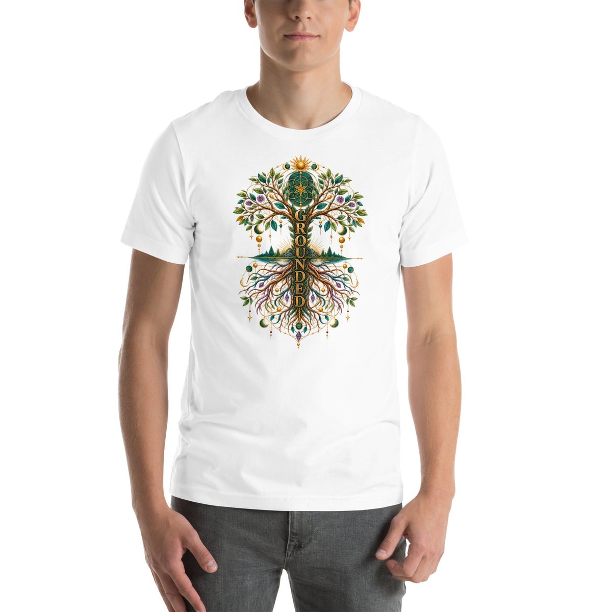 Grounded in Divine Energy design, on a white unisex t-shirt, front view
