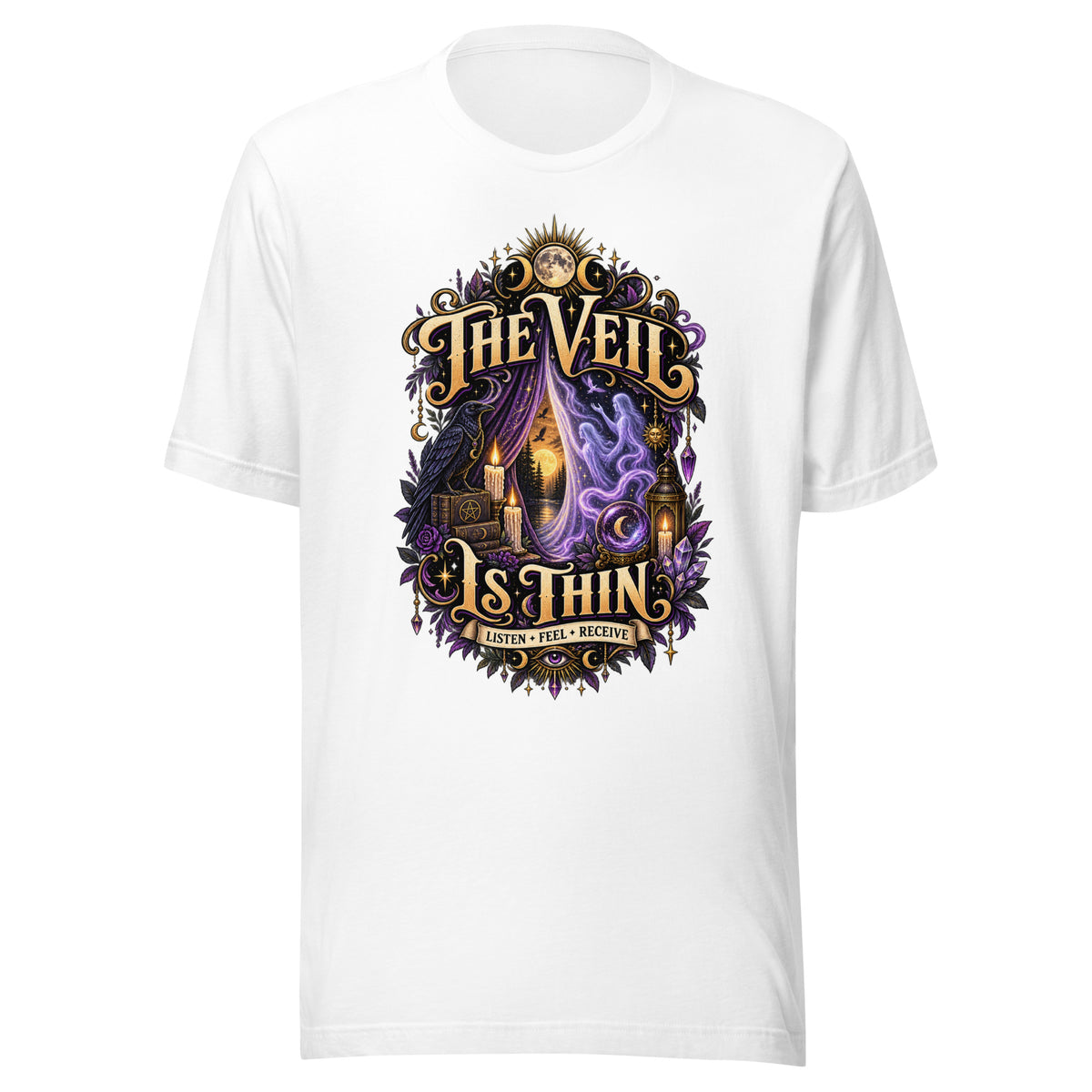 The Veil Is Thin whimsigoth design, a raven, candles and spirits rising through a parted veil, on a white unisex t-shirt, front view