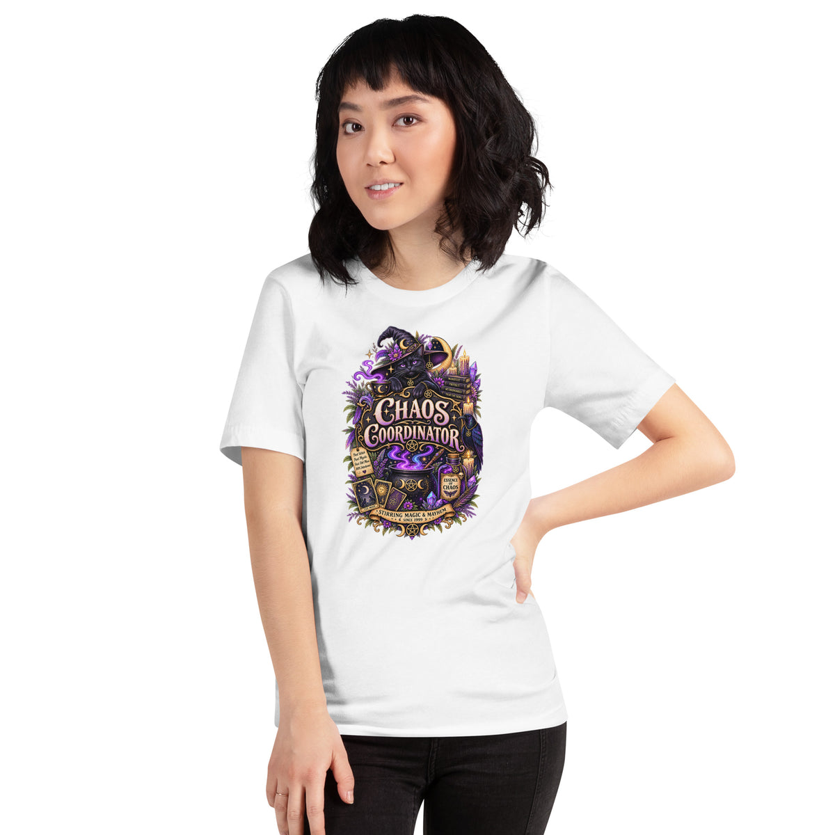 Chaos Coordinator whimsigoth design, a witchy black cat in a pointed hat, on a white unisex t-shirt, front view