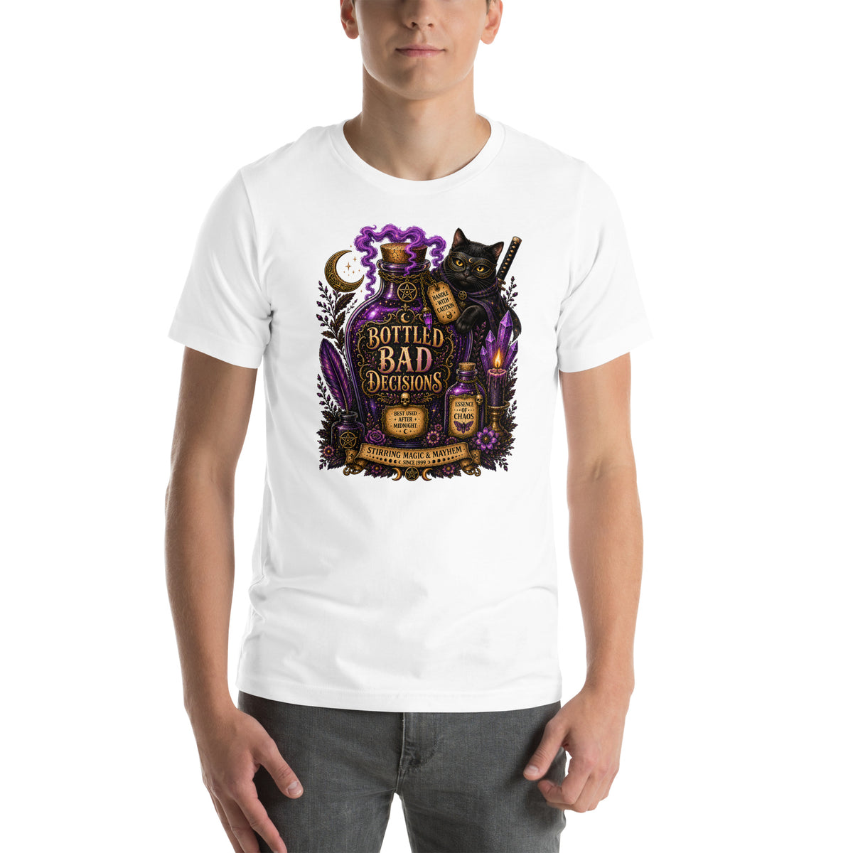 Bottled Bad Decisions whimsigoth design, a black cat and a glowing potion bottle, on a white unisex t-shirt, front view