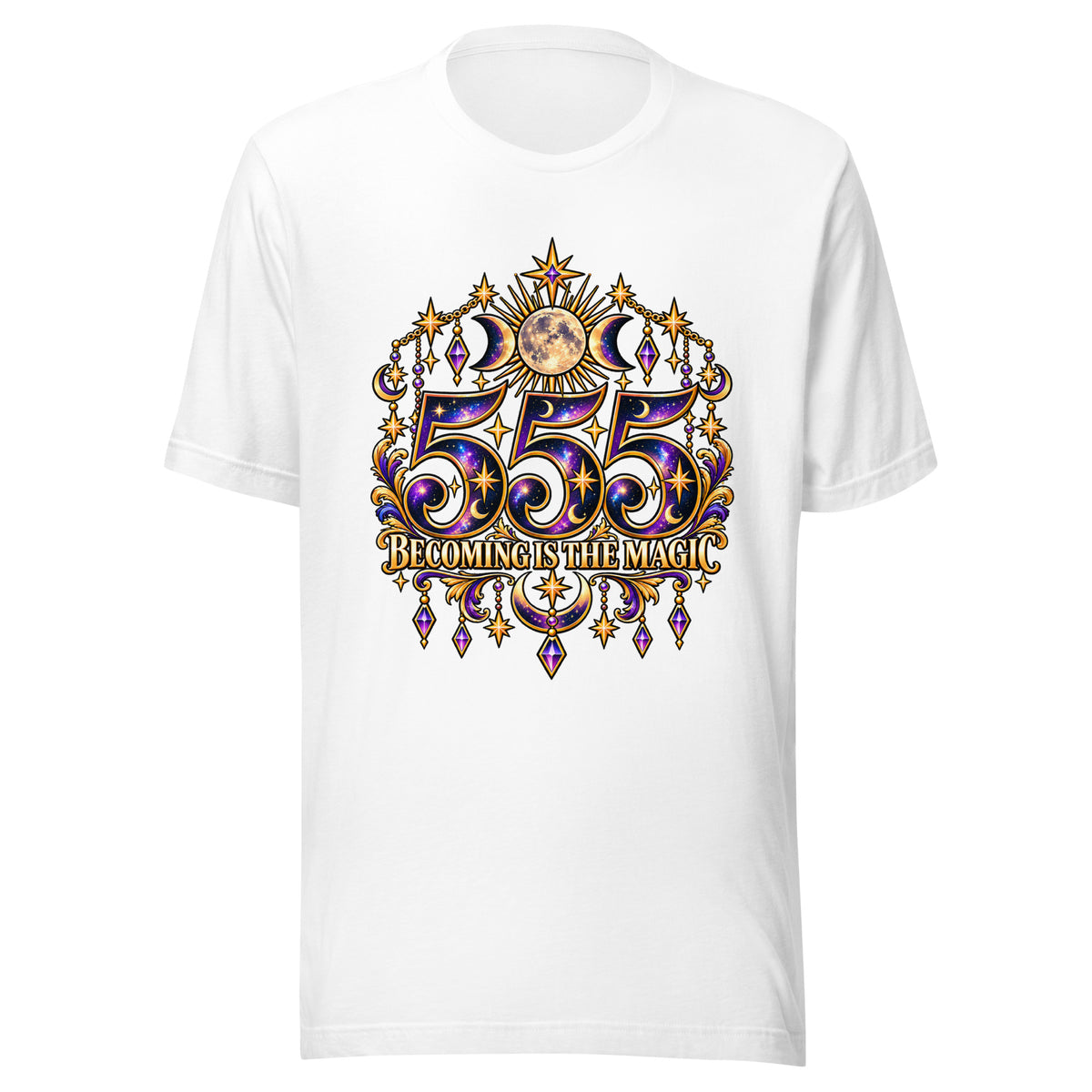 555 Becoming Is The Magic angel number design, a full moon between two crescents, hung with gold chains and amethyst drops, on a white unisex t-shirt, front view