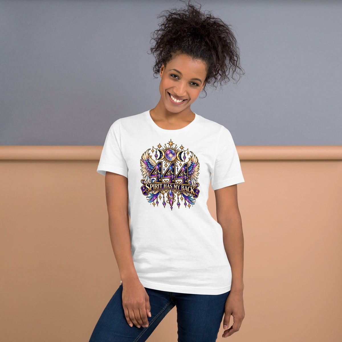 444 Spirit Has My Back angel number design, angel wings flanking the number beneath a galaxy orb and crescent moons, on a white unisex t-shirt, front view