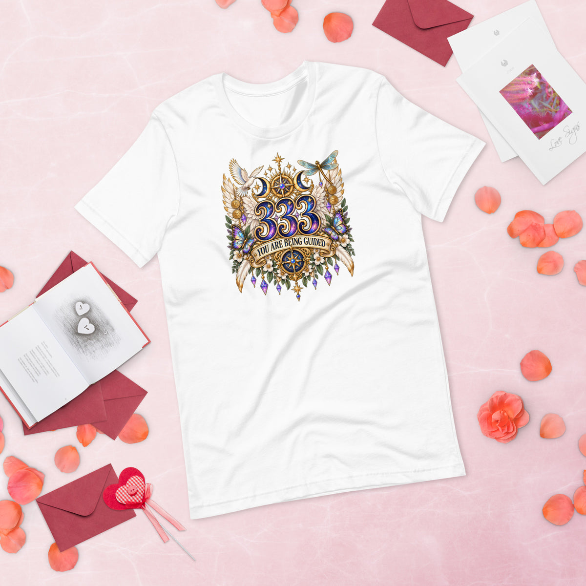 333 You Are Being Guided angel number design, a white dove, angel wings, a dragonfly and a compass rose, on a white unisex t-shirt, front view