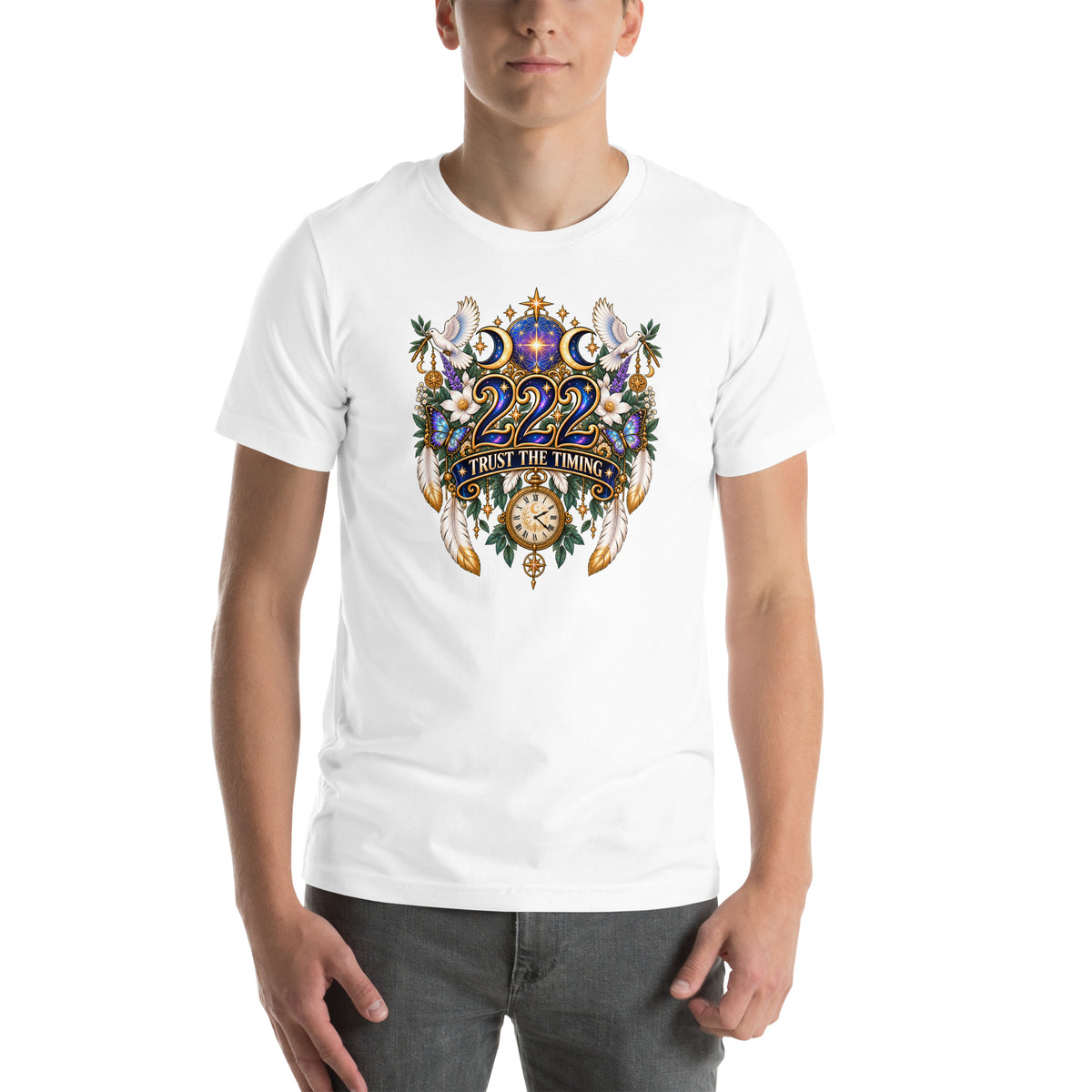 222 Trust The Timing angel number design, two white doves with olive branches, a gold pocket watch and white feathers, on a white unisex t-shirt, front view