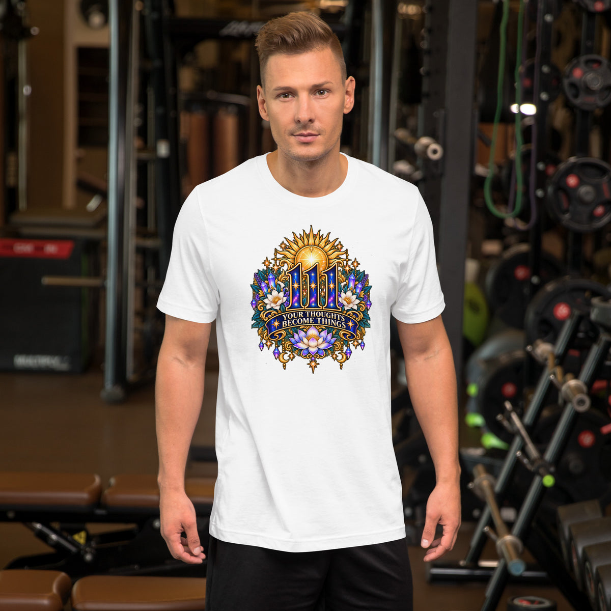 111 Thoughts Become Things angel number design, a golden sunburst with white lotus flowers and amethyst crystals, on a white unisex t-shirt, front view