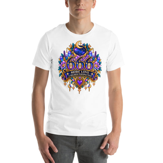 666 More Love angel number design, a crescent moon over a starry orb, with purple lotus flowers and blue crystals, on a white unisex t-shirt, front view