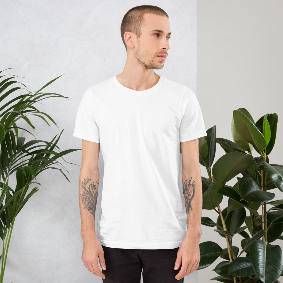 11:11 angel number design, the number set in plain white type above Notice, Align, Receive, on a white unisex t-shirt, front view