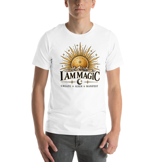 I Am Magic design with a gold sun face, Be Magical collection, on a white unisex t-shirt, front view