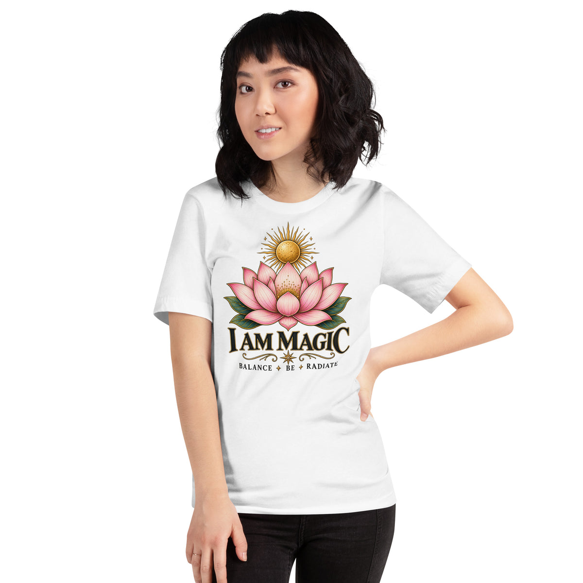 I Am Magic design with a gold lotus, Be Magical collection, on a white unisex t-shirt, front view