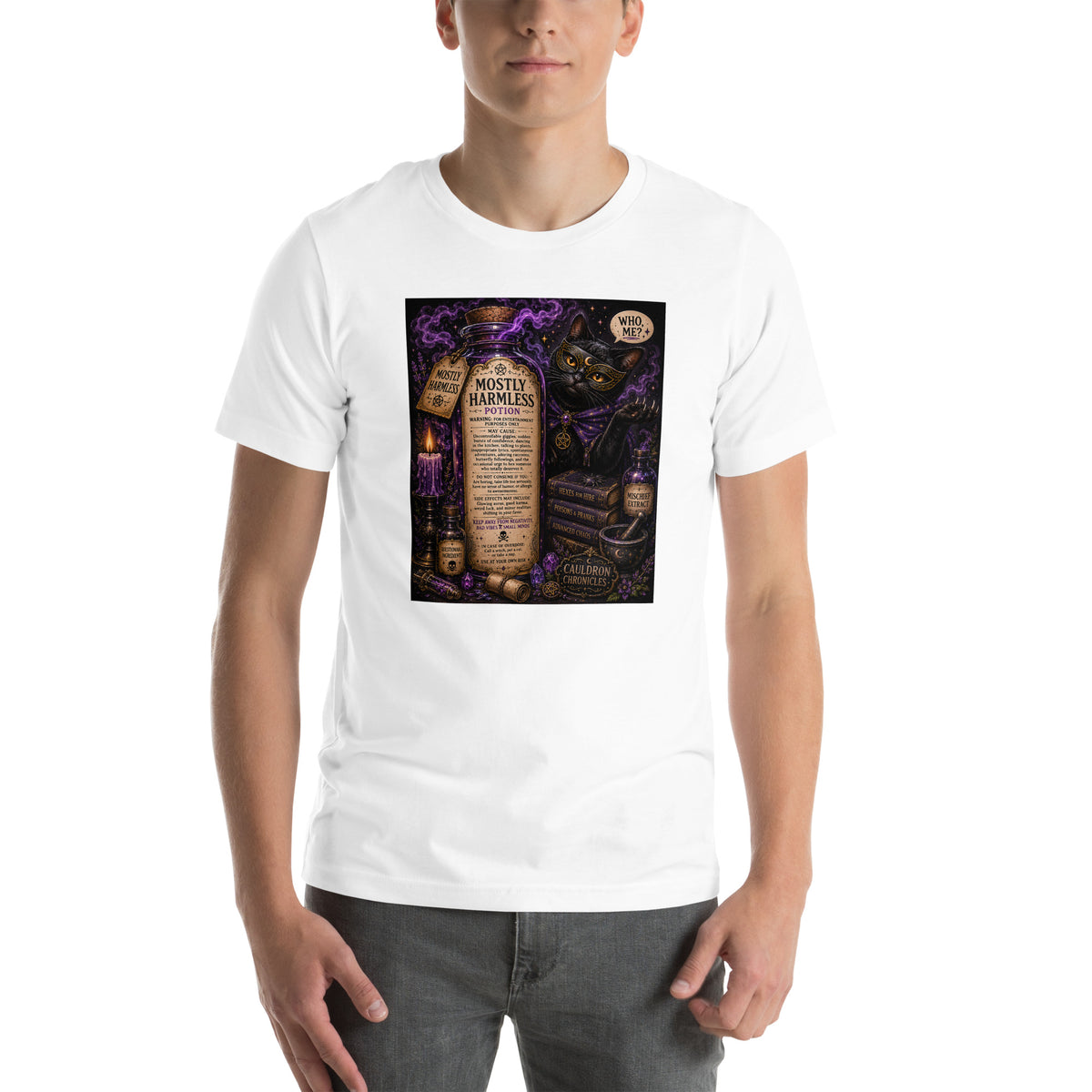 Mostly Harmless whimsigoth design, a potion bottle with a long warning label, on a white unisex t-shirt, front view