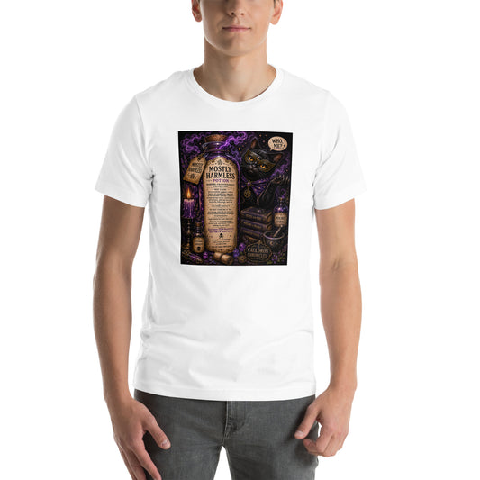 Mostly Harmless whimsigoth design, a potion bottle with a long warning label, on a white unisex t-shirt, front view
