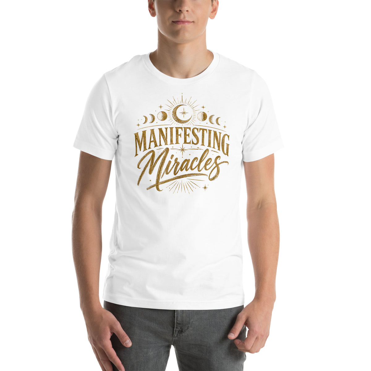 Manifesting Miracles design with moon phases in antique gold, on a white unisex t-shirt, front view